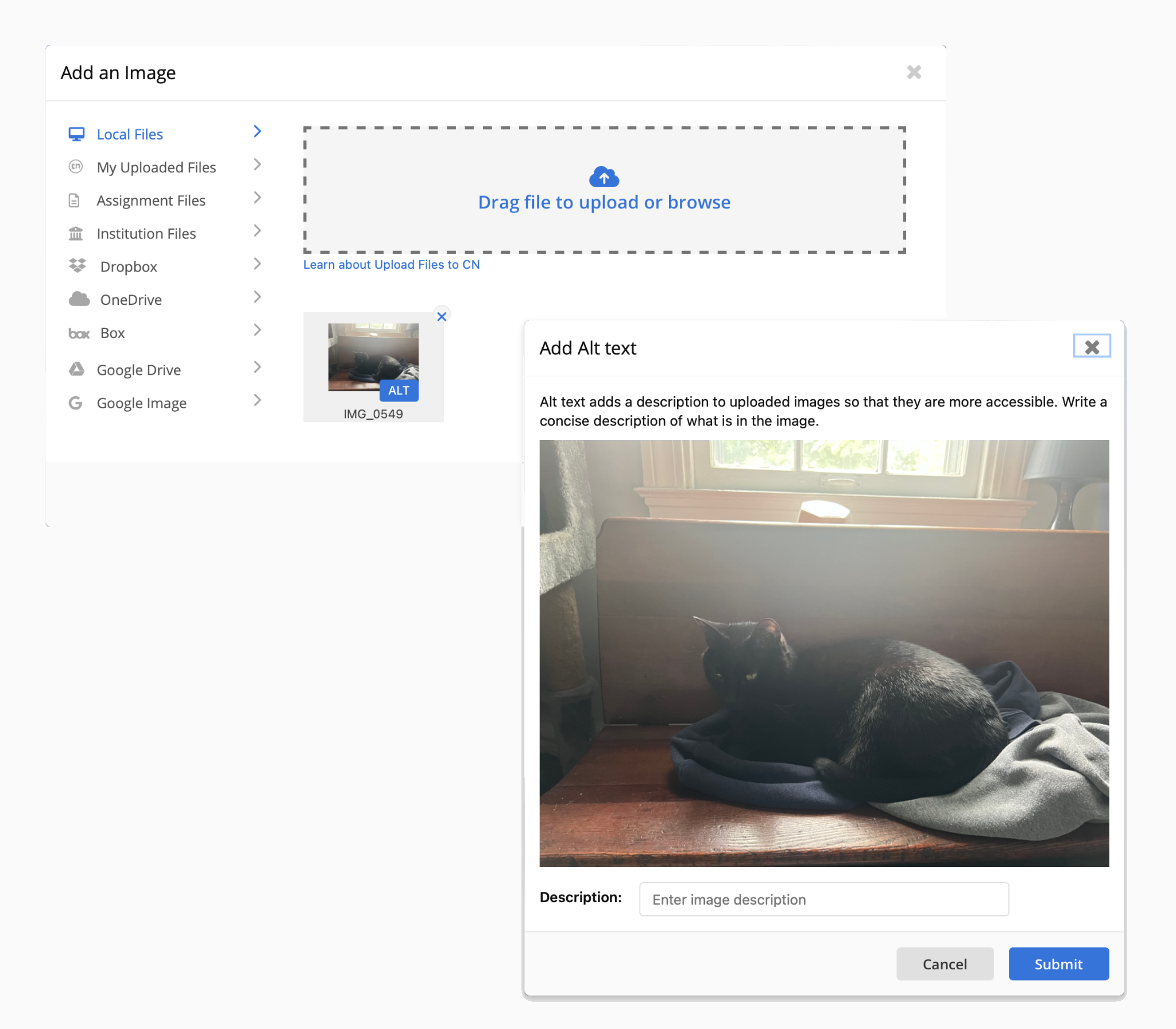 An upload dialog with an 'Add Alt text' panel where the user writes a concise description of an uploaded photo.