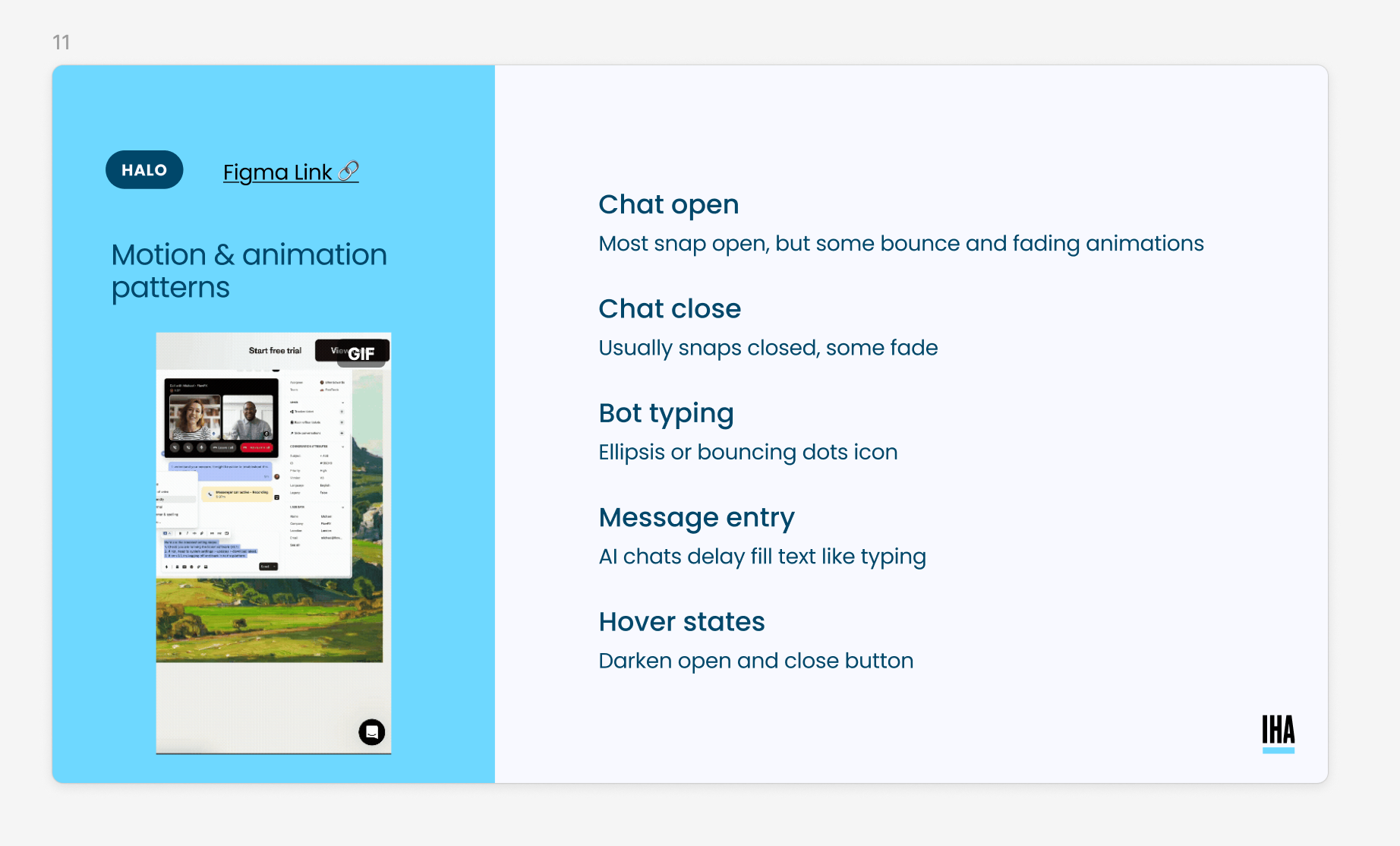 Competitive teardown of AI chat motion and animation patterns — open, close, bot-typing, message-entry, and hover states.