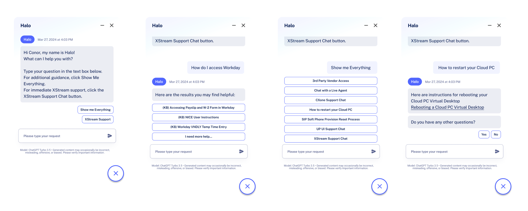 The Halo chat interface across four states, showing knowledge-base result buttons and typed natural-language queries.