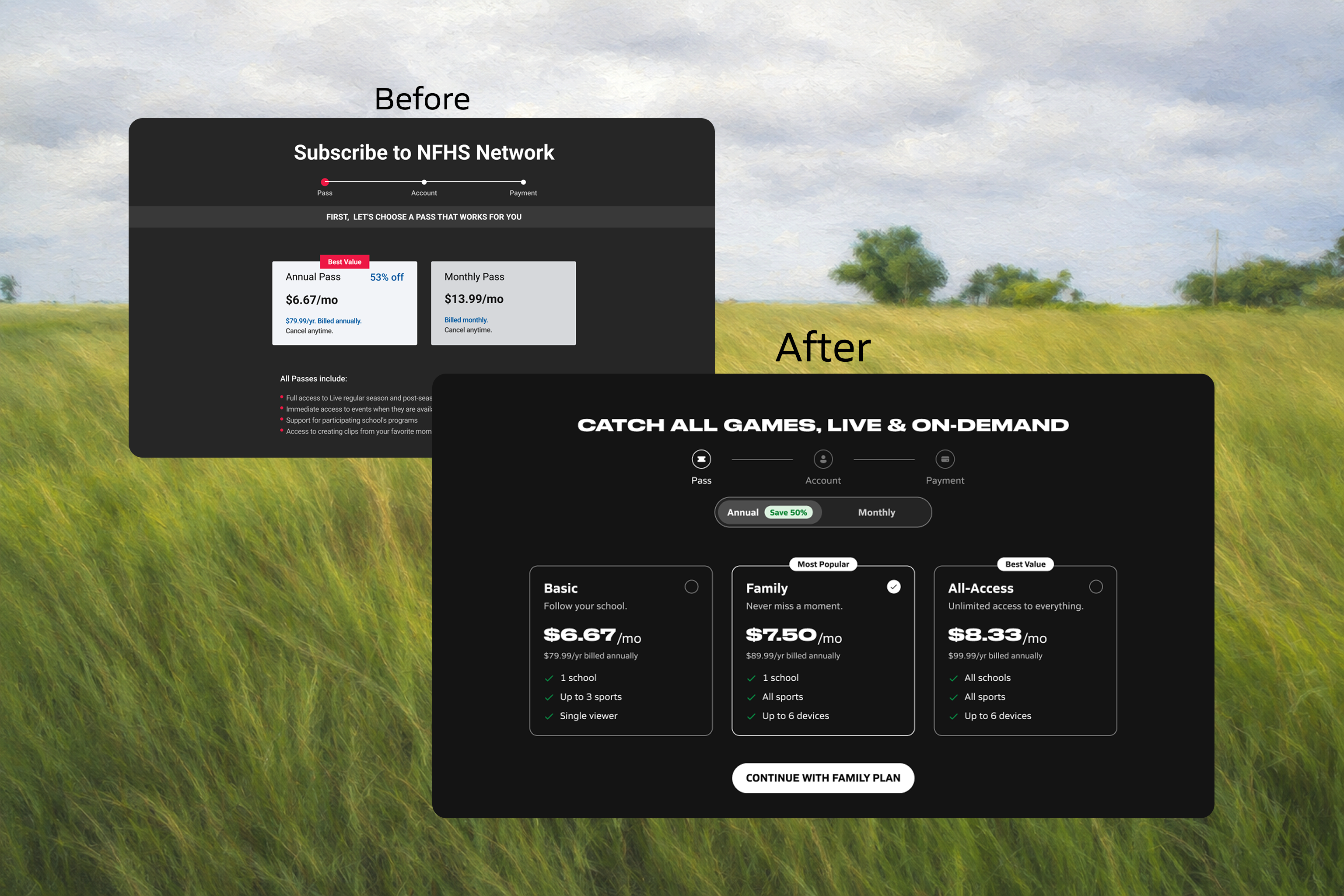 Before and after: the legacy two-option subscribe page beside the launched three-tier plan selector.