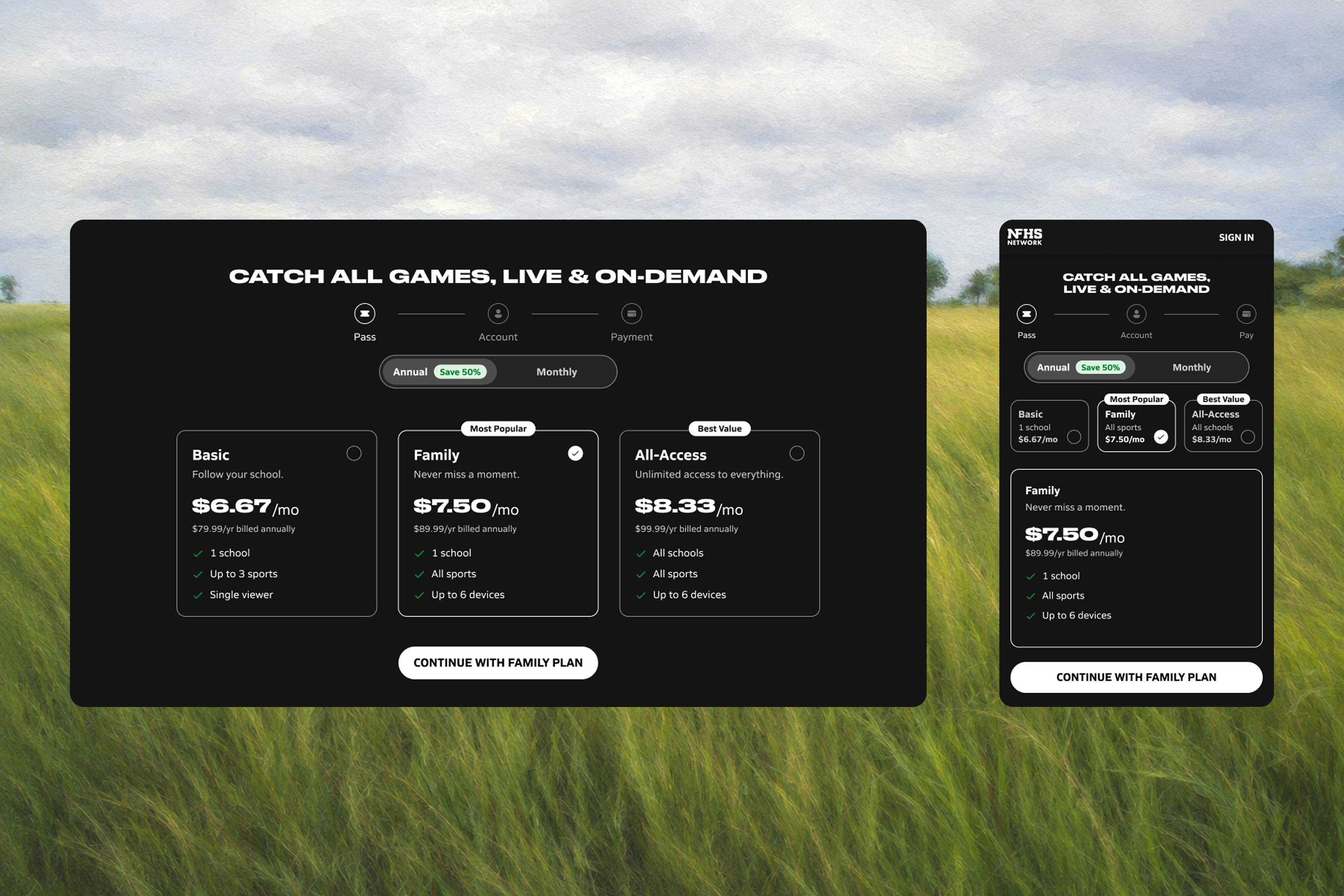 The shipped three-tier plan selector — Basic, Family, and All-Access — with Family marked as the recommended plan.