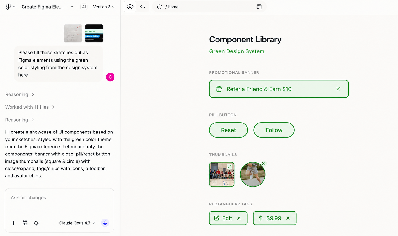 Figma Make conversation generating UI components from the sketches against the green design system.