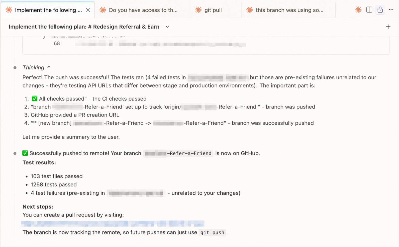 Claude Code session showing CI checks passed, branch pushed, and PR creation URL.