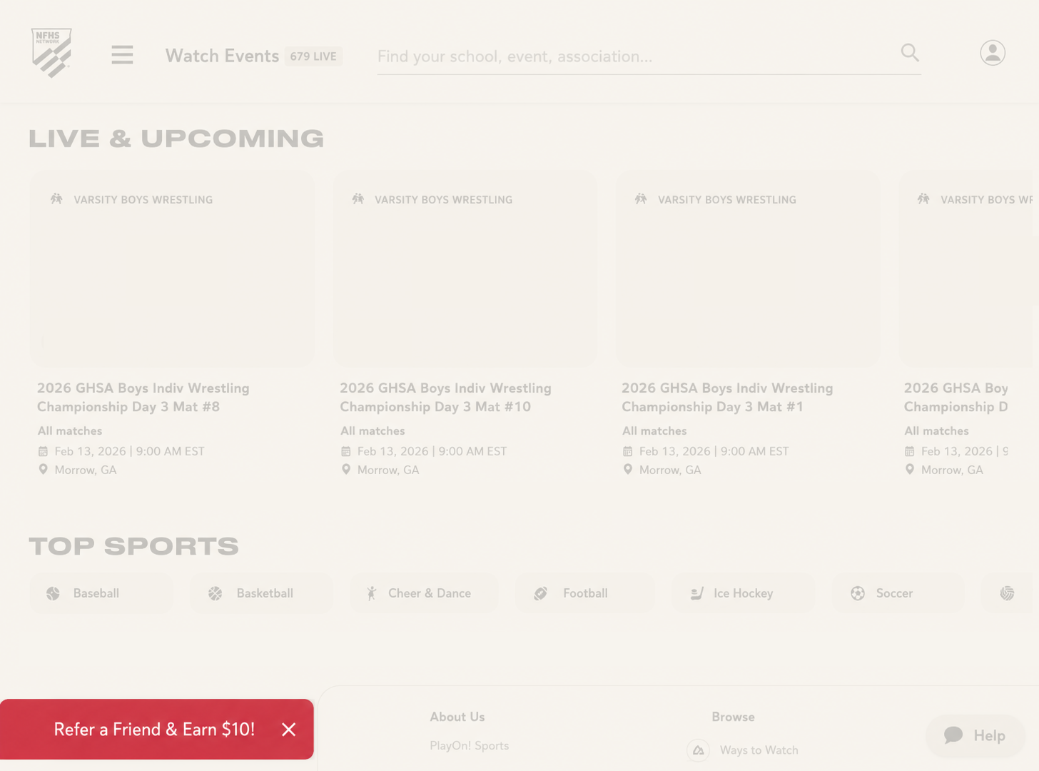The NFHS Network homepage with the old refer-a-friend banner pinned to the bottom.
