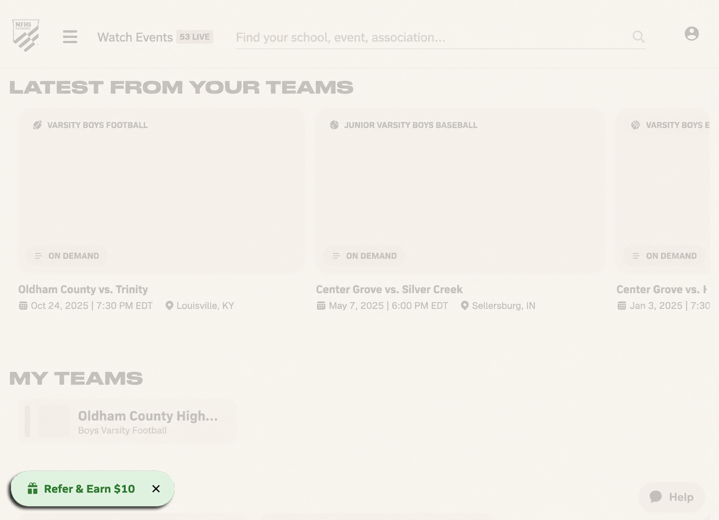 NFHS Network homepage with the new refer-a-friend banner anchored at the bottom-left.